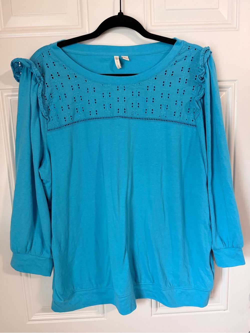 Cato Bright Turquoise Eyelet Yoke Long Sleeve Top